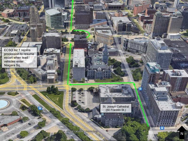 Procession route for Jason Arno from Saint Joseph Cathedral towards Forest Lawn Cemetary