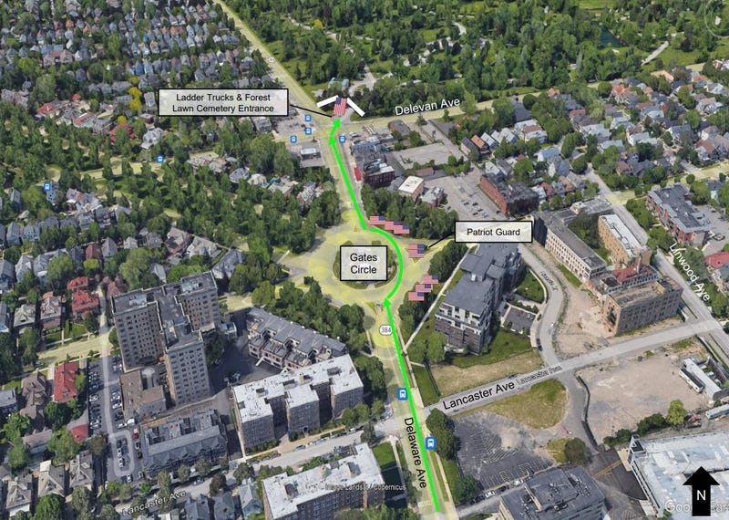 Procession route for Jason Arno from Cathedral towards Forest Lawn Cemetary