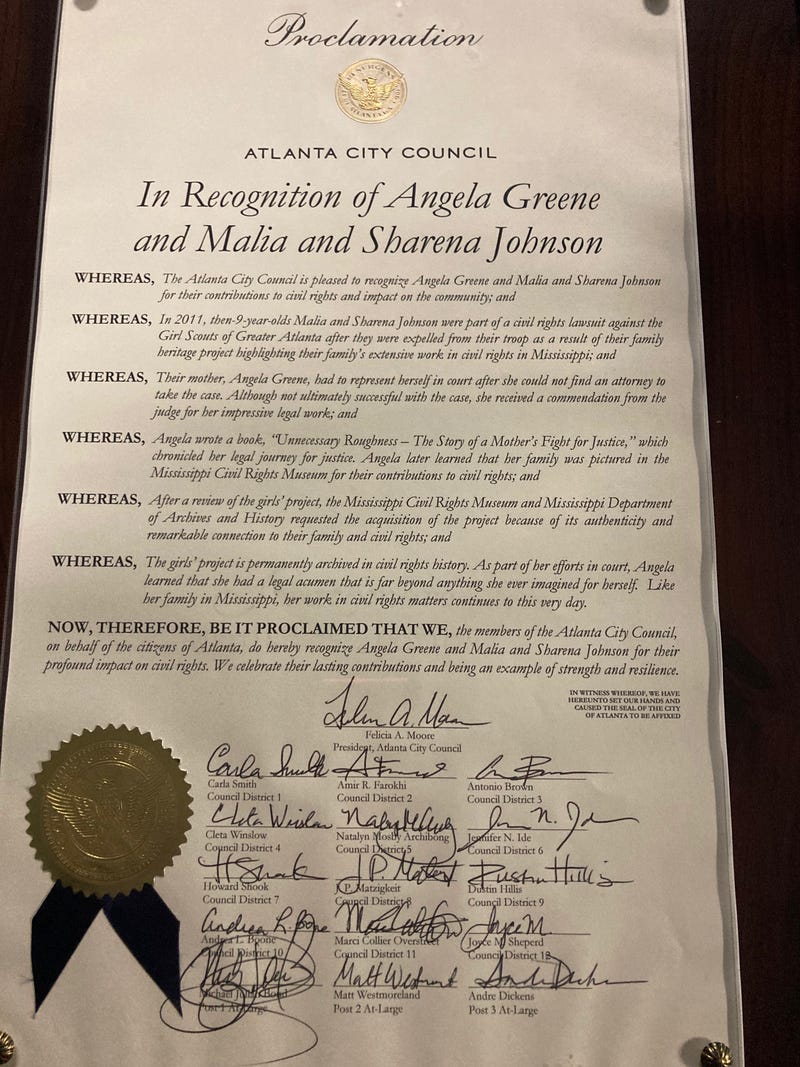 Angela Greene and Her Daughters Receive A Proclamation From the City of Atlanta for their hard word and dedication to civil justice