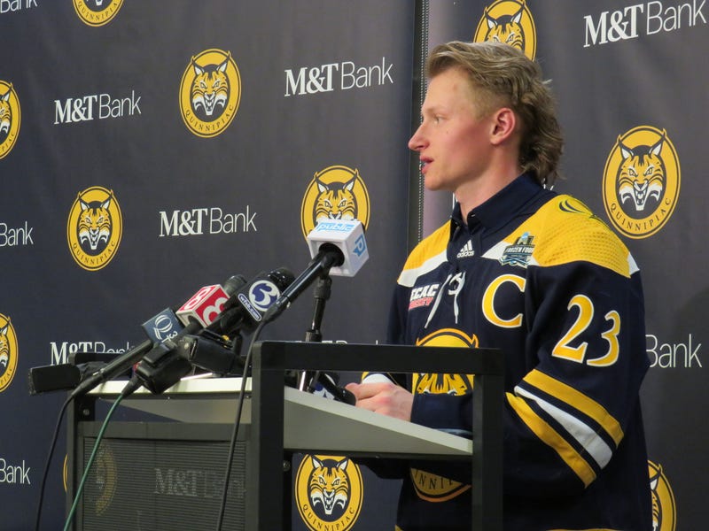 Quinnipiac men's hockey captain Zach Metsa, in Hamden, 4/10/23