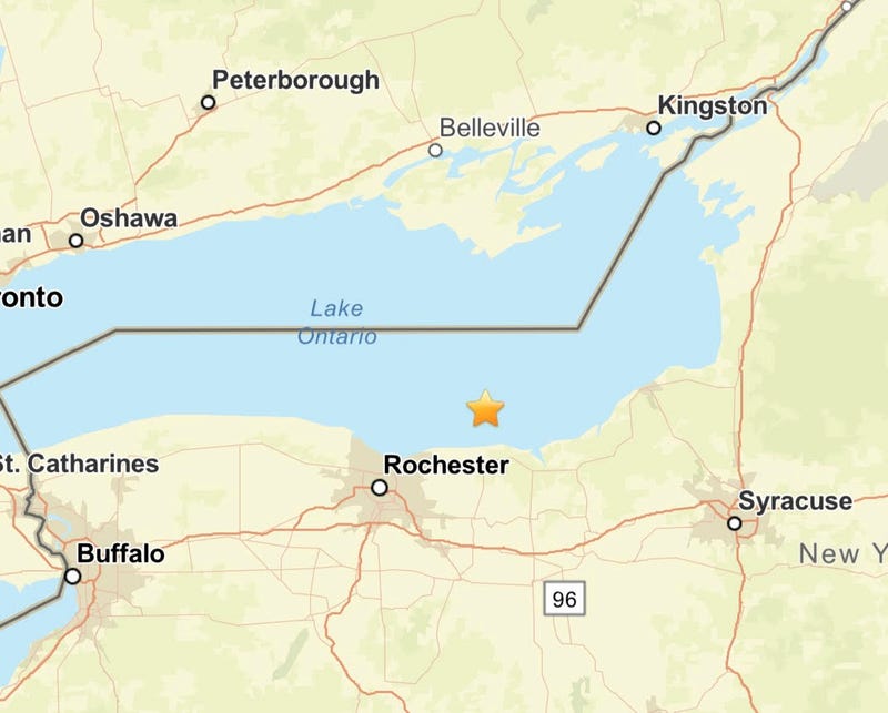 Map marking epicenter of 2.2 magnitude earthquake off Rochester