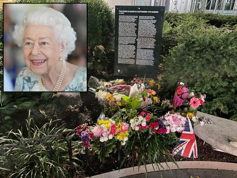 A memorial grew at the Queen Elizabeth II September 11th Garden in Lower Manhattan on Friday. Inset: Queen Elizabeth II smiles during a visit to officially open the new building at Thames Hospice on July 15, 2022