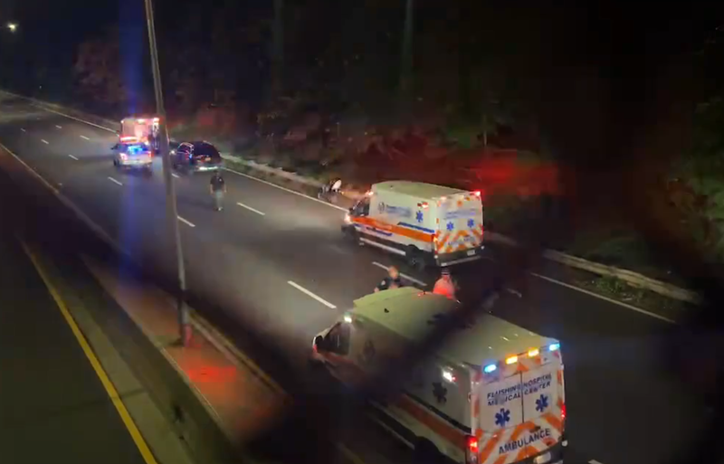 Police and EMS respond to the scene of a fatal moped crash on the Cross Island Parkway early Saturday morning, as seen by Citizen App video.