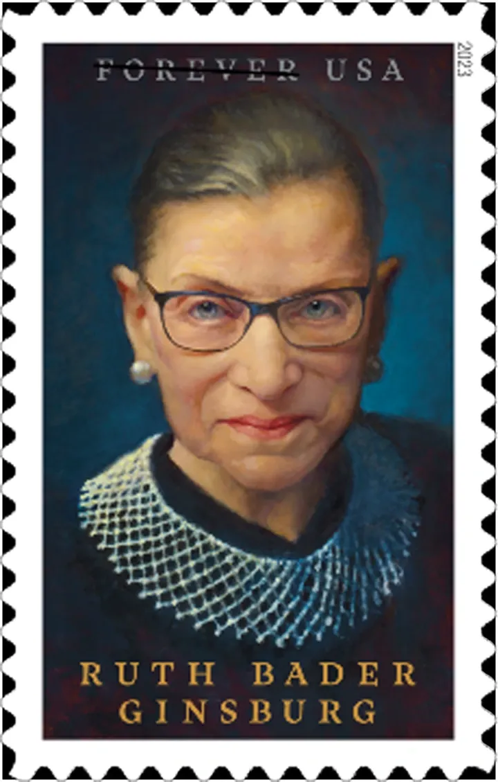 This image provided by the U.S. Postal Service shows the late Supreme Court Justice Ruth Bader Ginsburg. The U.S. Postal Service is honoring her as “an icon of American culture” with a stamp in the new year, seen in this rendering released by the agency on Monday, Oct. 24, 2022, in Washington, D.C.