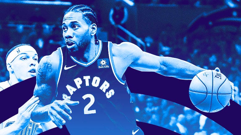 Kawhi Leonard of the Toronto Raptors drives to the basket. 