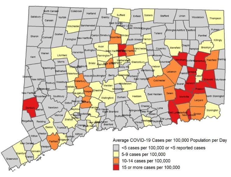 COVID-19 cases per 100k population per day; Hartford, 10 other cities and towns in "red"