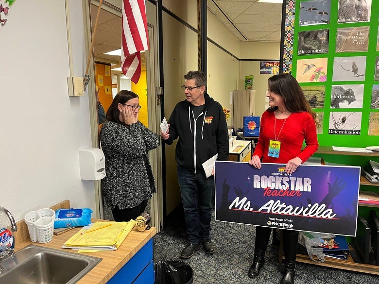 Rocky & Lissa surprising November Rockstar Teacher winner