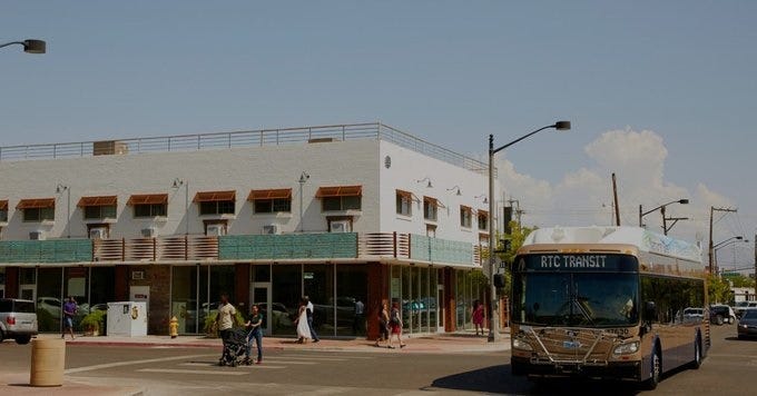 An RTC bus rolls down a Las Vegas street