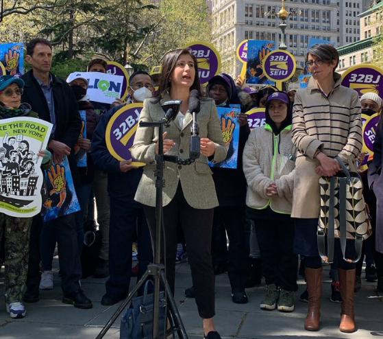 State Sen. Jessica Ramos speaks in front of City Hall at Thursday's rally.