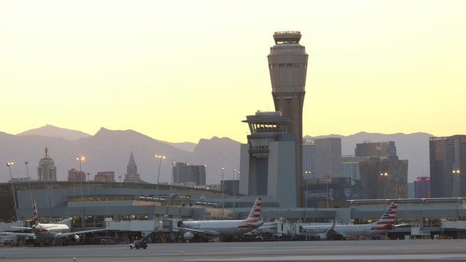 Planes sit at the gate at Reid International Airport in Las Vegas
