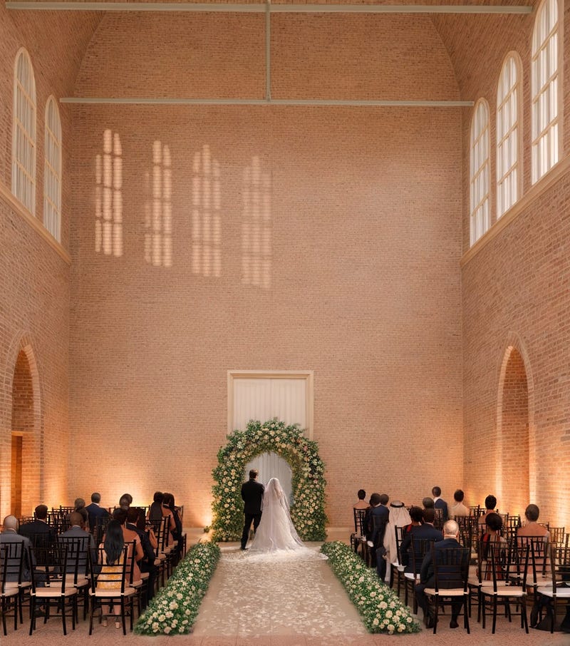 Rendering of a wedding in the Penn Museum's Egypt Gallery, which will open for weddings, cocktail parties, and receptions in 2025.