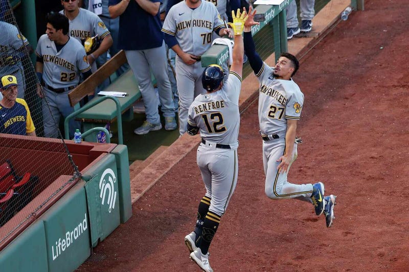 Hunter Renfroe of the Milwaukee Brewers celebrates his 2-run HR in the 5th inning Saturday.