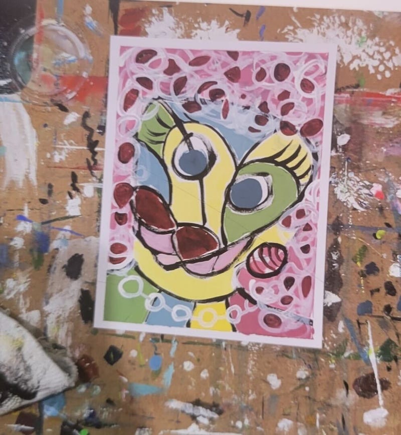 abstract painting by becky hatter, pink yellow blue green and dark red shapes, black outline, looks kind of like a face with sunglasses