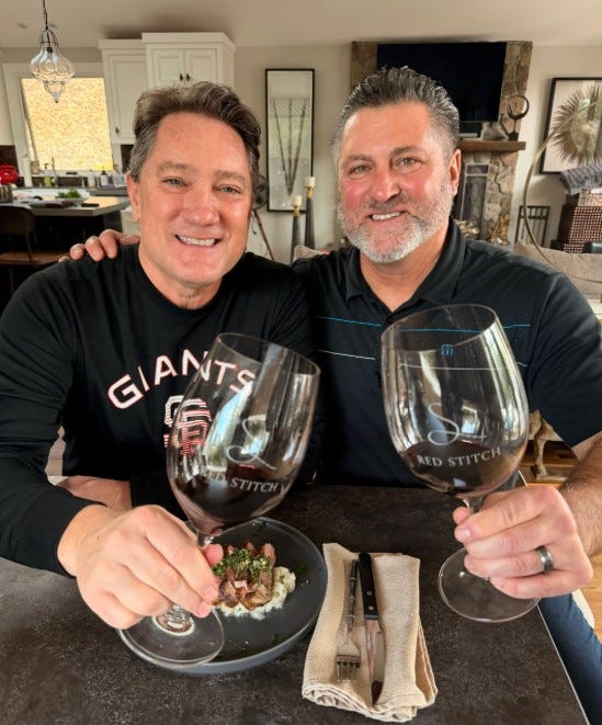 Liam Mayclem and Rich Aurilia tasting Red Stitch Wine.