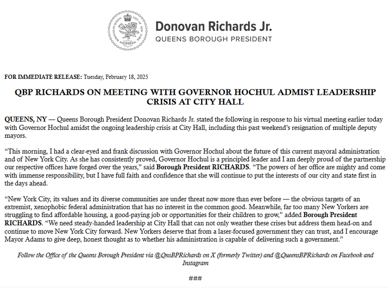 Queens Borough President Donovan Richards said the city needs "steady-handed leadership at City Hall"