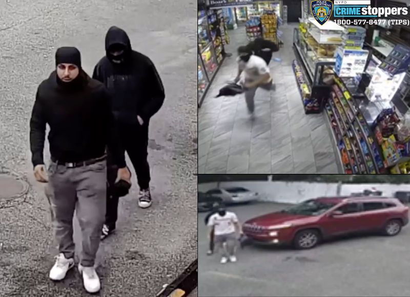 Police are searching for two suspects who fled the deli in a red Jeep Cherokee