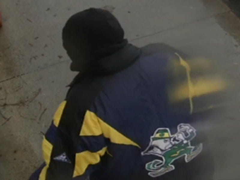 Robbery suspect wearing Notre Dame jacket