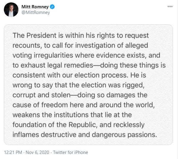 Screenshot of tweet by Senator Mitt Romney, 12:21 PM November 6, 2020