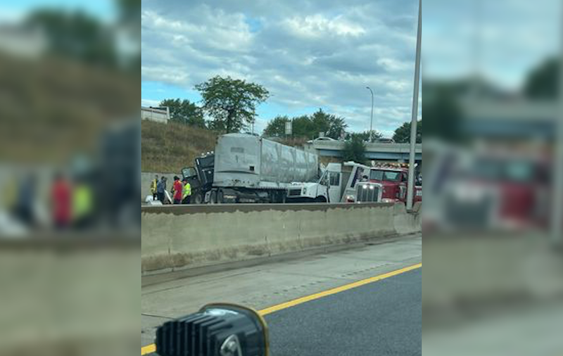 A bad traffic crash involving multiple vehicles including a wrecked semi and smashed in FedEx truck is blocking all lanes of westbound travel on I-94 Tuesday morning.