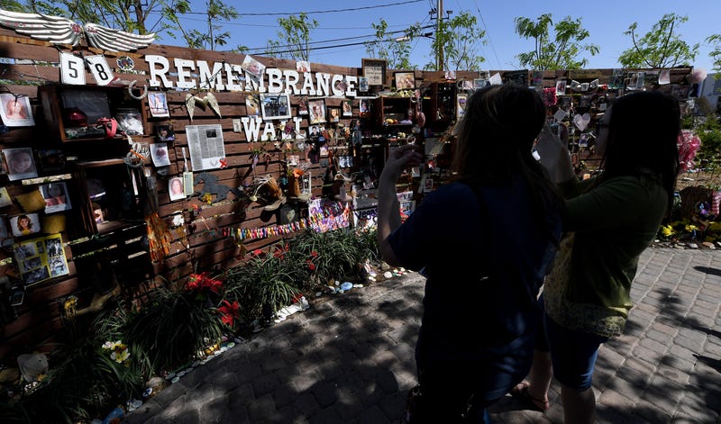 A remembrance wall is erected to remember the victims of the Route 91 mass shooting in Las Vegas