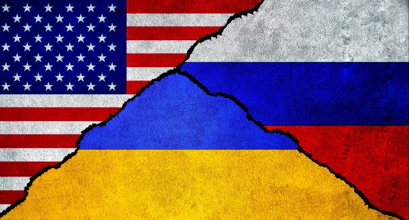USA, Russia and Ukraine flag together