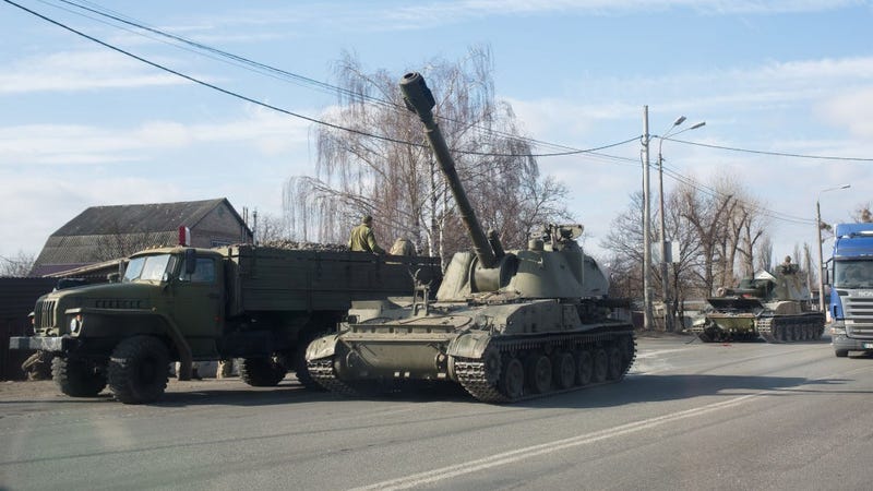  Military vehicles are seen along a street on February 25, 2022 in Kyiv, Ukraine. 
