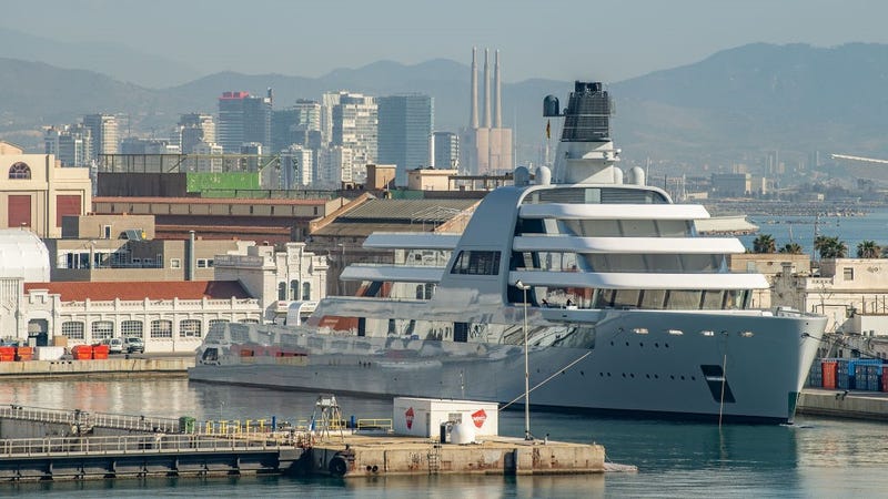 Roman Abramovich's Super Yacht Solaris is seen moored at Barcelona Port on March 01, 2022 in Barcelona, Spain.