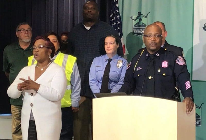 Detroit Police Chief James White and Commander Michael McGinnis hold a press conference with other city officials