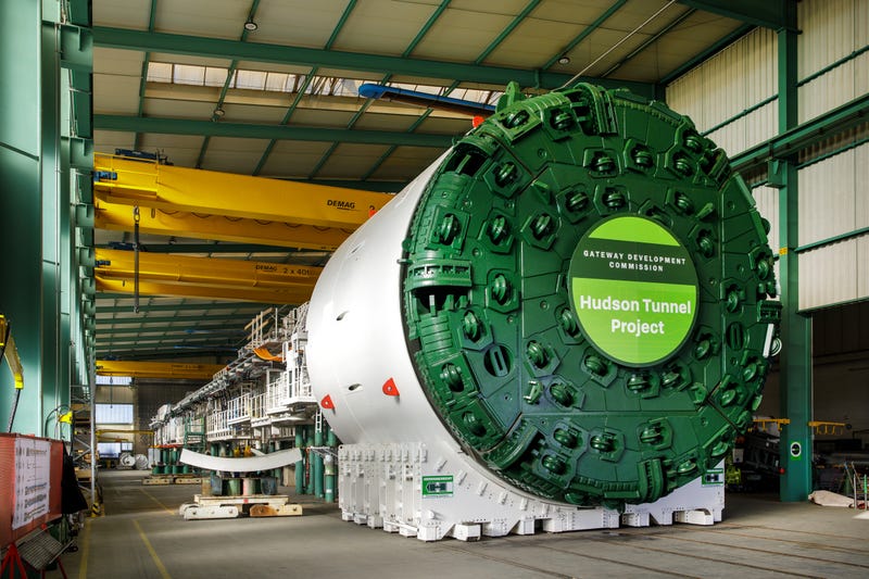 A tunnel boring machine assembled at the factory for testing