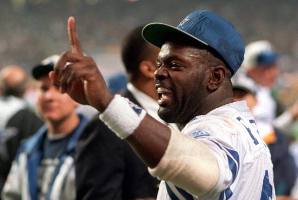 Emmitt Smith celebrates a Cowboys Super Bowl