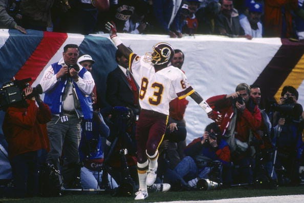 Ricky Sanders celebrates a TD in the Super Bowl