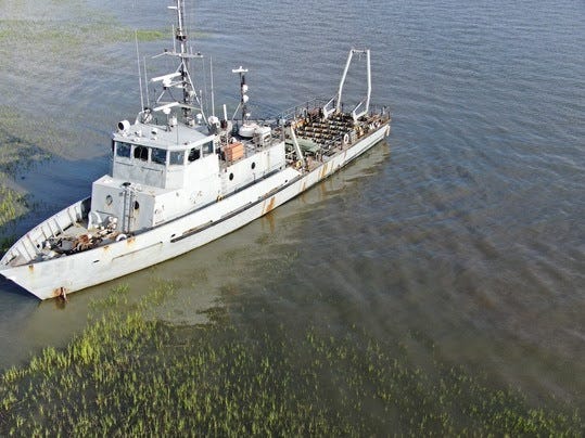 SCDNR in partnership with Stevens Towing, successfully removed a 120-foot former U.S. Navy torpedo vessel from Bohicket Creek near Johns Island. 