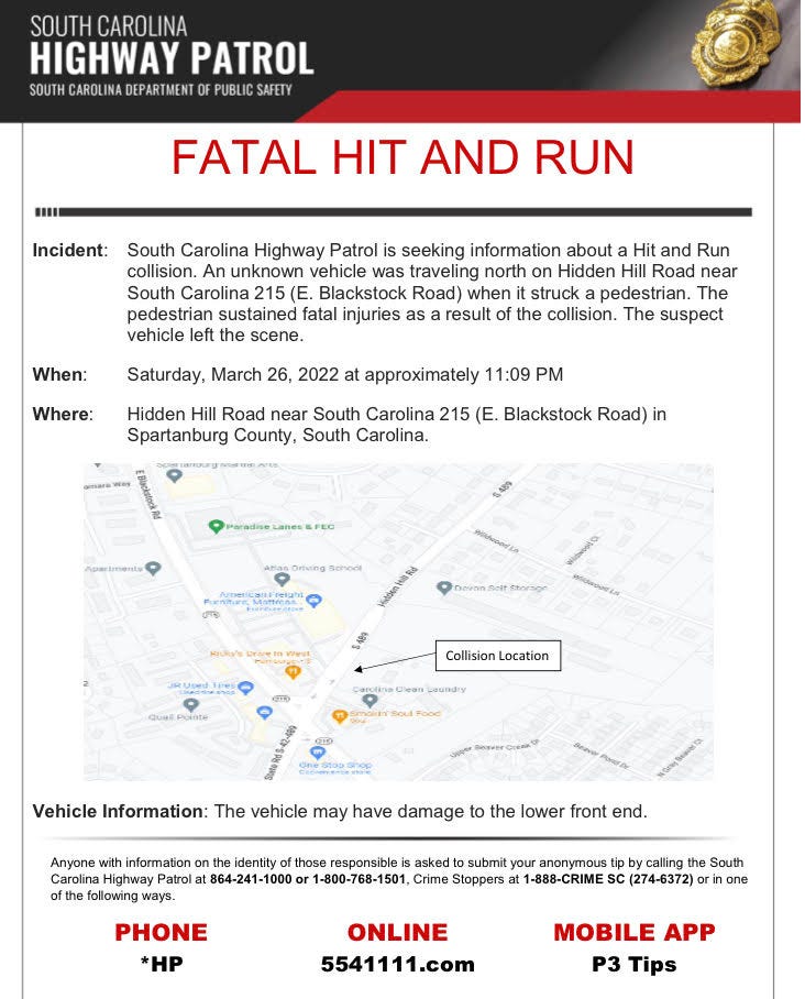 South Carolina Highway Patrol Hit & Run Flyer