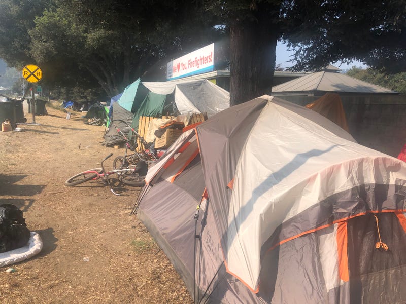 A homeless encampment in Santa Cruz lines the intersection of Highway 1 and Highway 9.