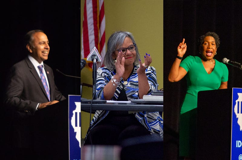 U.S. Reps. Raja Krishnamoorthi and Robin Kelly are pictured along with Lt. Gov. Juliana Stratton in file photos of Democratic party gatherings in Illinois.