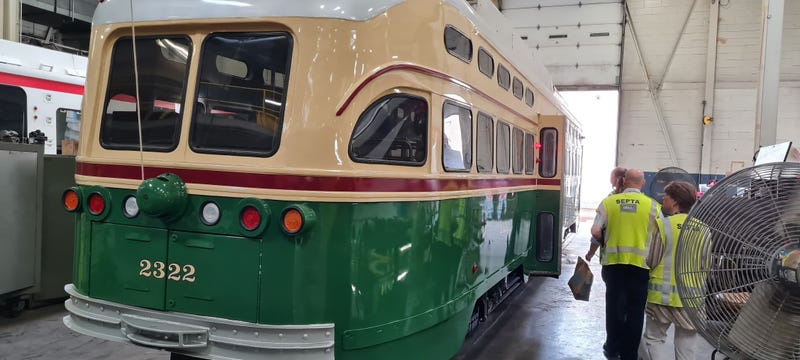 PCC trolley car being refurbished at SEPTA's Woodland maintenance facility.