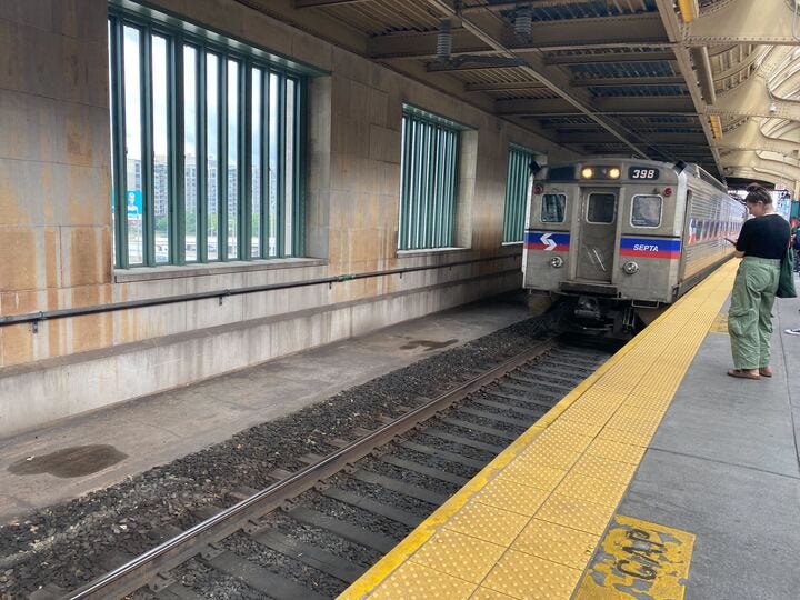 A SEPTA Regional Rail train arriving at 30th Street Station.