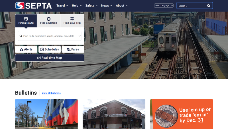 Front page of SEPTA's redesigned website