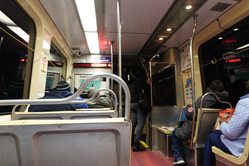 Interior of a trolley on SEPTA's No. 13 line.