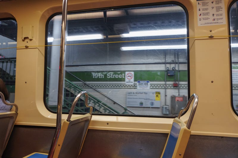 View of the 19th Street station station in Center City from inside a trolley.