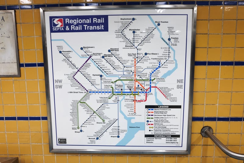 A map of SEPTA's rail lines at the South Street subway stop.