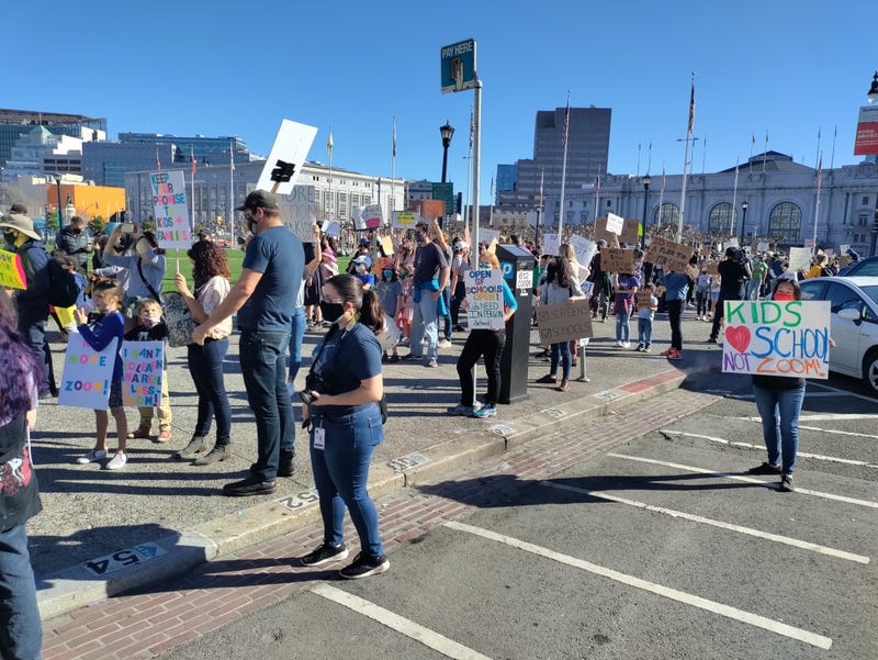 Hundreds of parents and children protest the continued closure of SFUSD schools due to the pandemic.