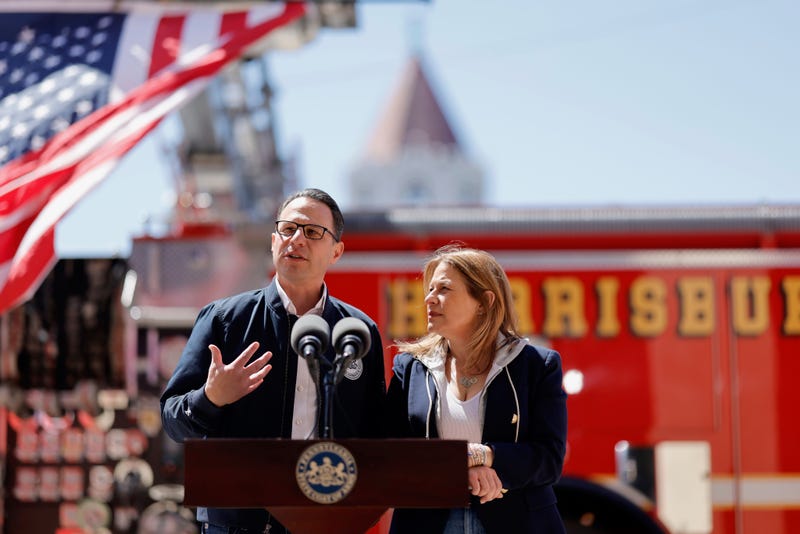Governor Josh Shapiro and First Lady Lori Shapiro speak at Harrisburg Fire Station 1 on Thursday.