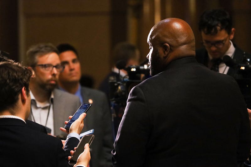 State Sen. Elgie Sims, a Chicago Democrat and the Senate’s lead budget negotiator, briefs reporters on the state budget Friday evening. The $55 billion spending measure was filed late Friday — one day before lawmakers were scheduled to adjourn.