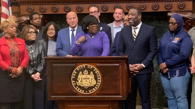 Mayor Cherelle Parker speaks after City Council's votes on legislation greenlighting the 76ers Center City arena.