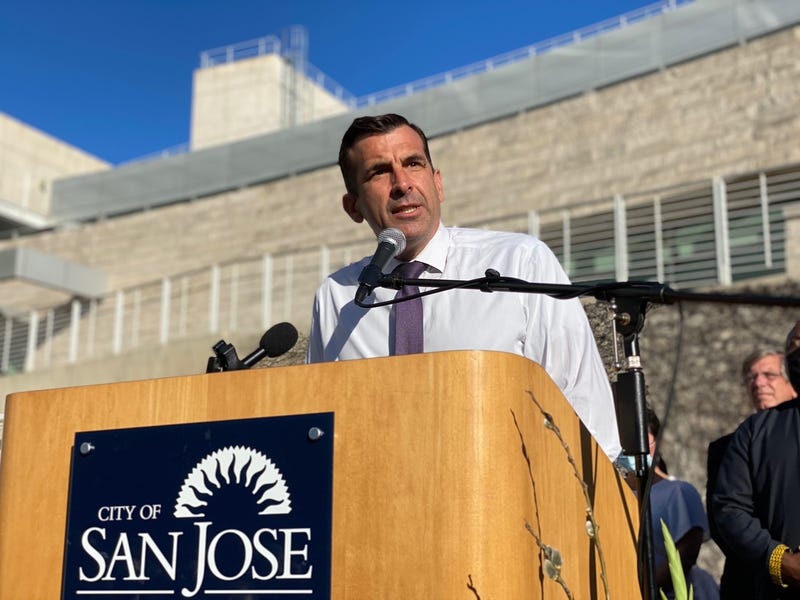 San Jose Mayor Sam Liccardo offers words of comfort and condolence at City Hall during a vigil mourning the nine lives lost at Wednesday's mass shooting at the Valley Transportation Authority rail yard. May 27, 2021.