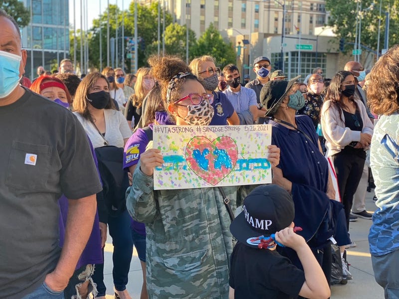 Thousands gather outside San Jose City Hall to mourn the nine lives lost at Wednesday's mass shooting at the Valley Transportation Authority rail yard, May 27, 2021.