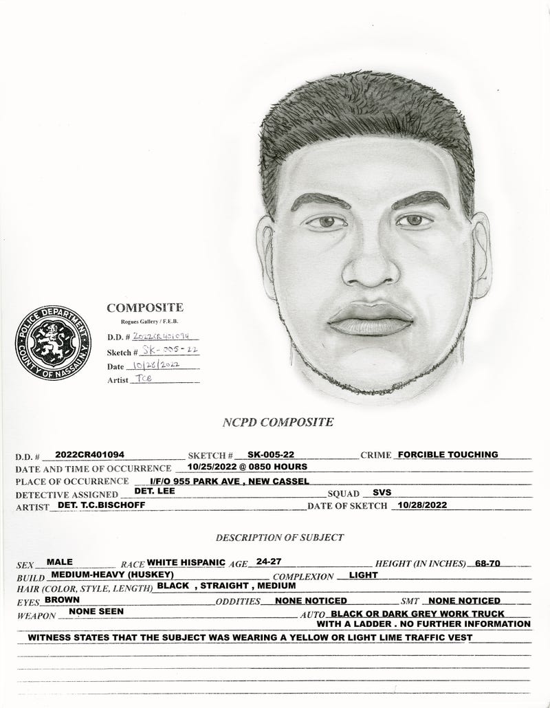 Description and sketch of suspect wanted for following and inappropriately touching 9-year-old girl on Long Island.  