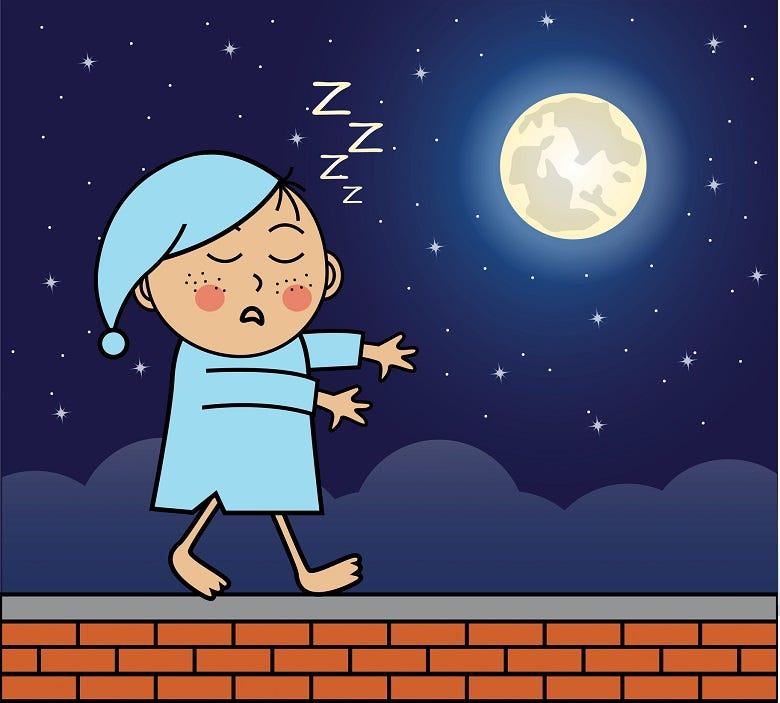 man sleep walking on a wall