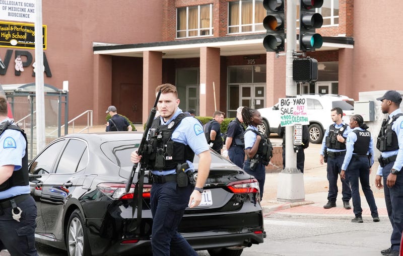 St. Louis Police patrol the outside of the  Central Visual and Performing Arts High School during an active shooter situation in St. Louis on Monday, October 24, 2022.  Photo by Bill Greenblatt/UPI
